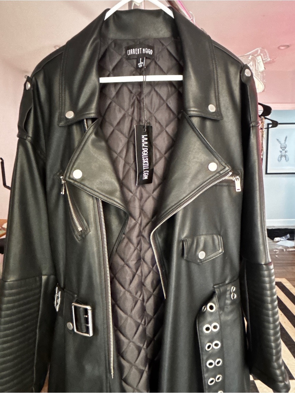 Current Mood Black full length Faux Leather Moto Coat with Silver Hardware
